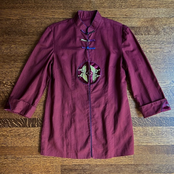 Vintage Tops - Butterfly Linen Tunic, Handmade Jacket with Frog Closures, Silk Appliqué